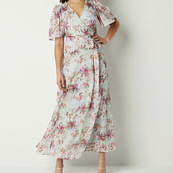NWT Shimmer Mint Floral Chiffon Puff Flutter Sleeve Maxi‎ Dress size 10 - Picture 1 of 10